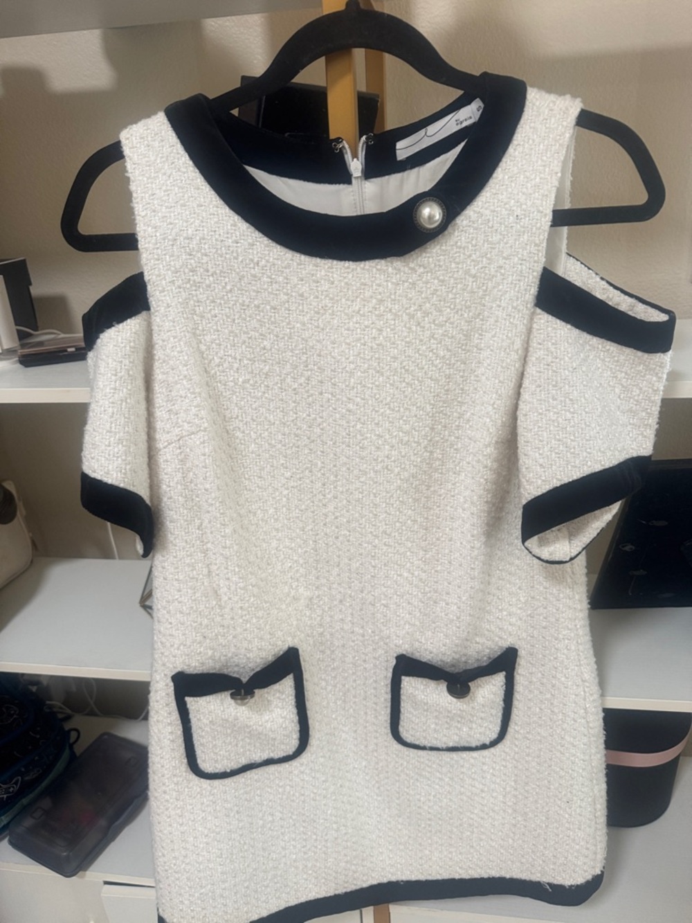 White Tweed Cold-Shoulder Mini Dress with Black Trim